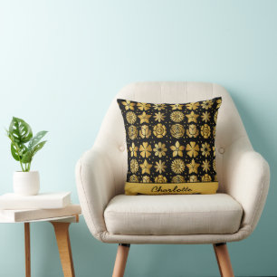 Floral pattern gold doodle rose personalized name throw pillow