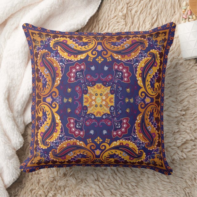 Floral Pattern Gold Purple Blue Throw Pillow (Blanket)