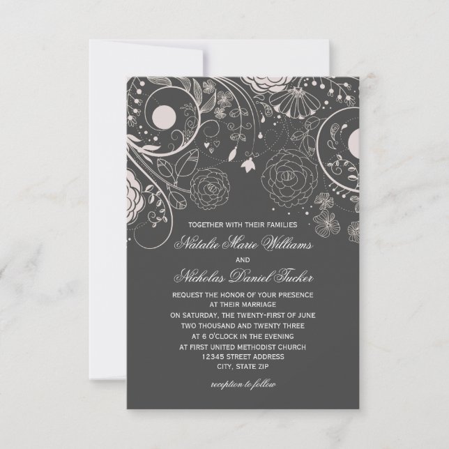 Floral Pattern Gray/White - 3x5 Wedding Invitation (Front)