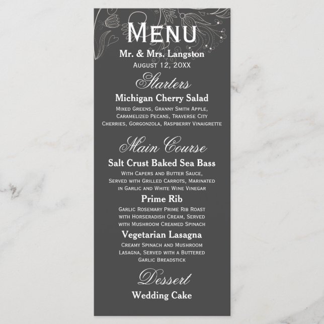 Floral Pattern Gray/White Tulip - Reception Menu (Front)