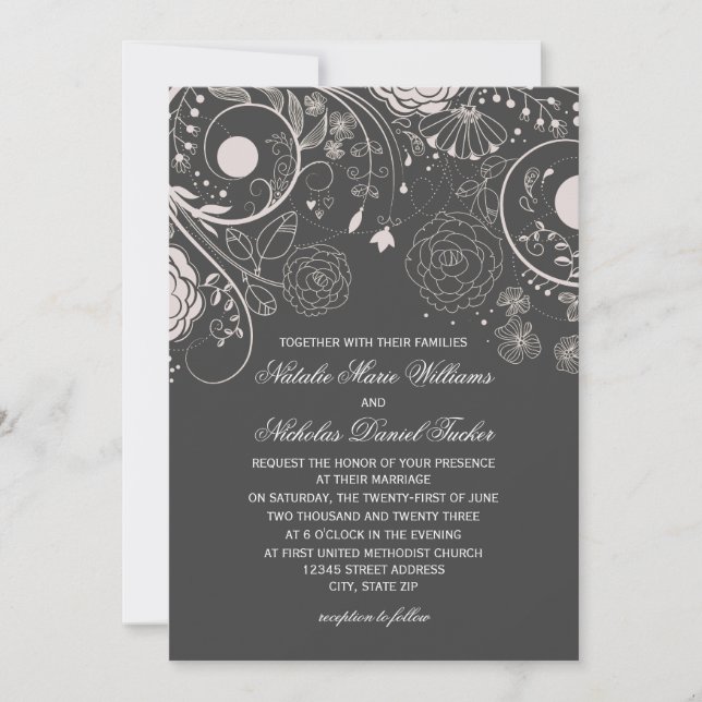 Floral Pattern Gray/White - Wedding Invitation (Front)