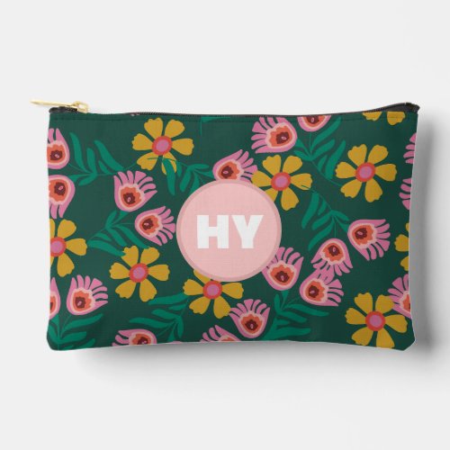 Floral pattern green cute monogram cosmetics accessory pouch