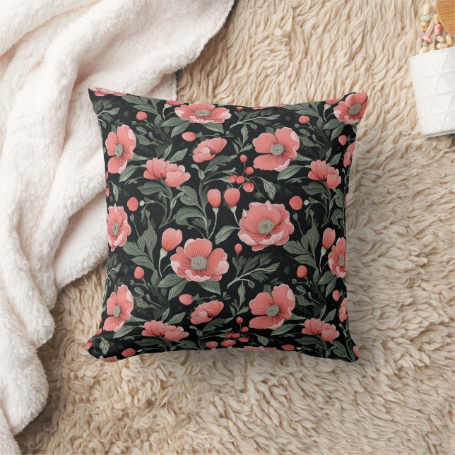 Floral Pattern Green Oak Leaves and Pink Flowers  Throw Pillow (Blanket)
