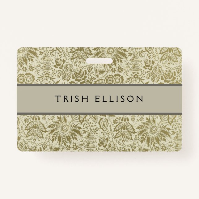 Floral Pattern Green Sage Antique Damask Badge (Front)