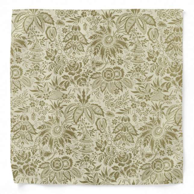 Floral Pattern Green Sage Antique Damask Bandana (Front)