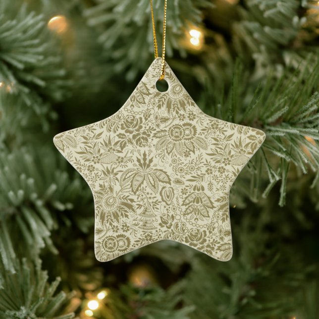 Floral Pattern Green Sage Antique Damask Ceramic Ornament (Tree)