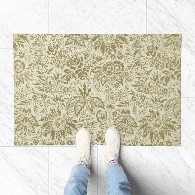 Floral Pattern Green Sage Antique Damask Doormat (Indoor)