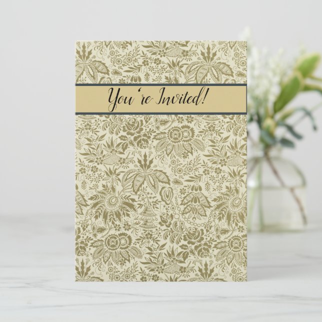 Floral Pattern Green Sage Antique Damask Invitation (Standing Front)