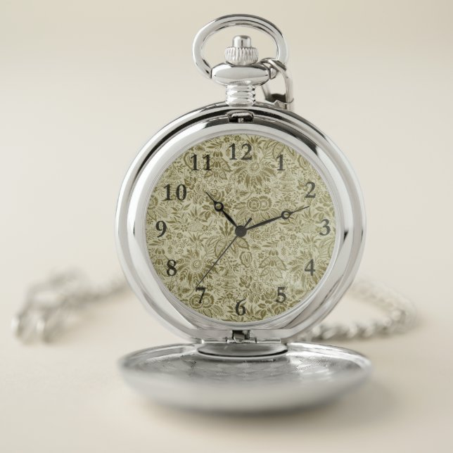 Floral Pattern Green Sage Antique Damask Pocket Watch (Inside)