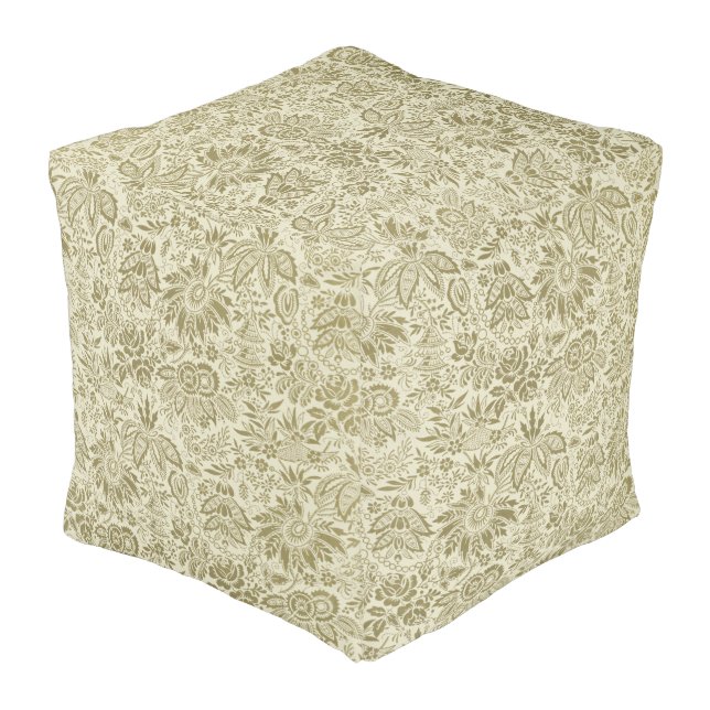 Floral Pattern Green Sage Antique Damask Pouf (Angled Back)