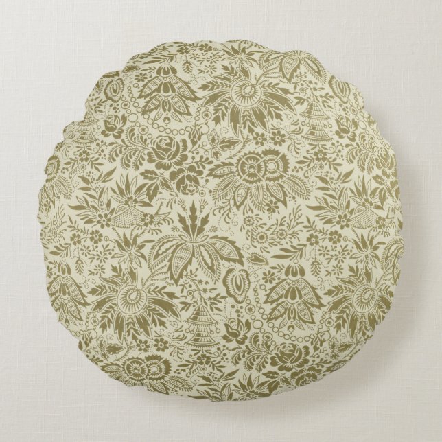 Floral Pattern Green Sage Antique Damask Round Pillow (Front)