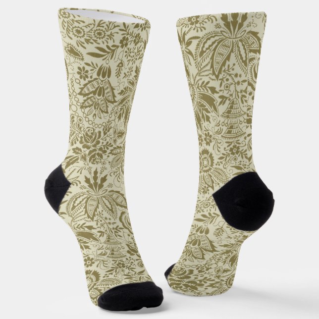 Floral Pattern Green Sage Antique Damask Socks (Angled)