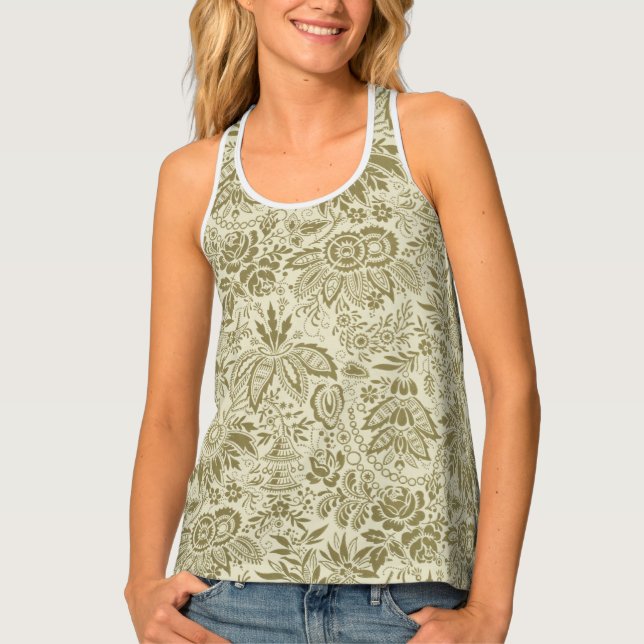 Floral Pattern Green Sage Antique Damask Tank Top (Front)