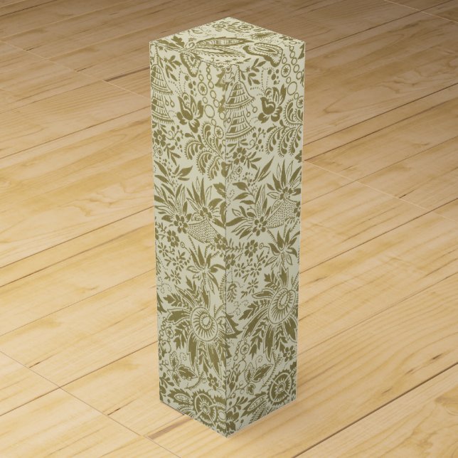 Floral Pattern Green Sage Antique Damask Wine Box (Back)