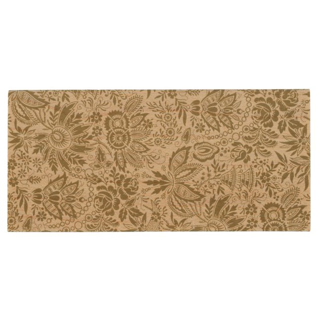Floral Pattern Green Sage Antique Damask Wood Flash Drive (Back)