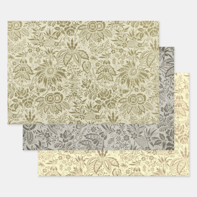 Floral Pattern Green Sage Antique Damask Wrapping Paper Sheets (Set)