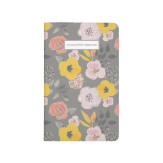 Floral Pattern Grey Pink Yellow Flowers Pocket Journal