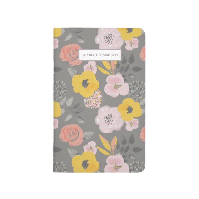 Floral Pattern Grey Pink Yellow Flowers Pocket Journal (Front)