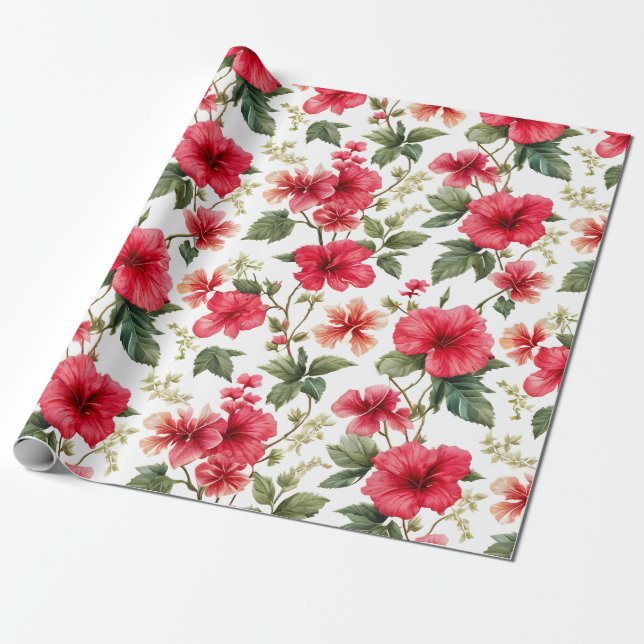 Floral Pattern Hibiscus Flowers Wrapping Paper (Unrolled)