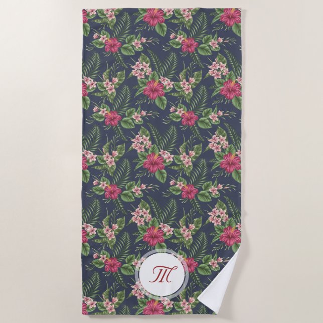 Floral Pattern Hibiscus Monogram Beach Towel (Front)