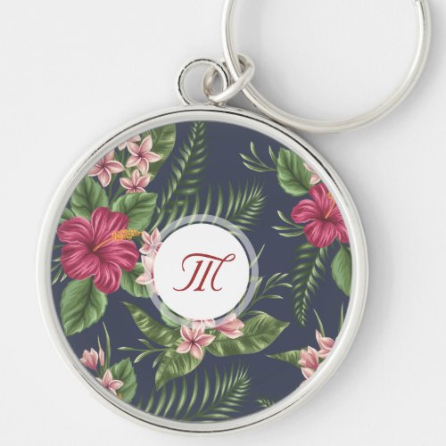Floral Pattern Hibiscus Monogram Round Keychain