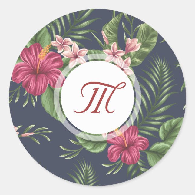 Floral Pattern Hibiscus Monogram Round Sticker (Front)