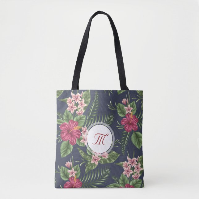 Floral pattern Hibiscus Monogram Tote Bag (Front)