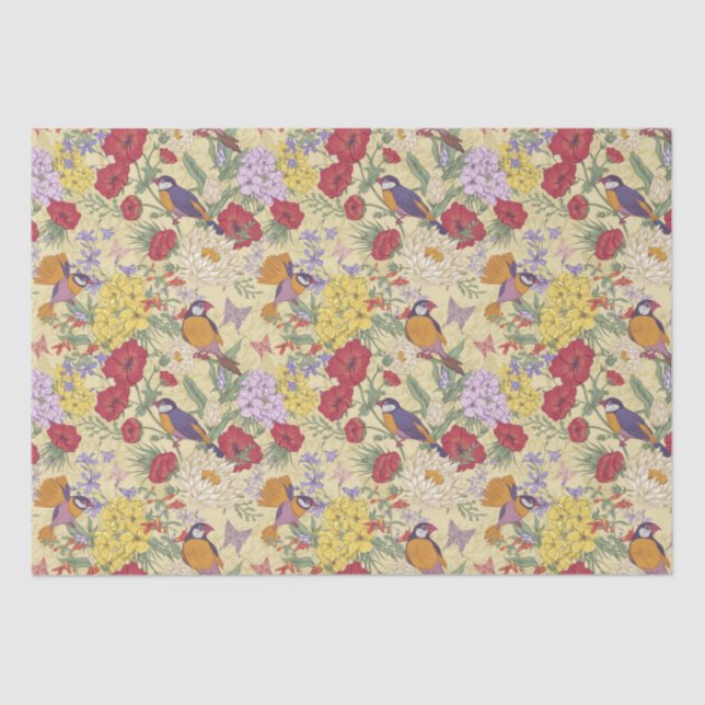 Floral Pattern Hydrangea Lilac Bluebell Birds  Tissue Paper (Front)