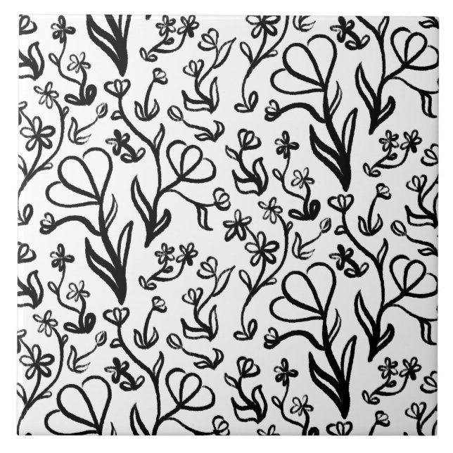 Floral Pattern in Black and White Ceramic Tile (Front)