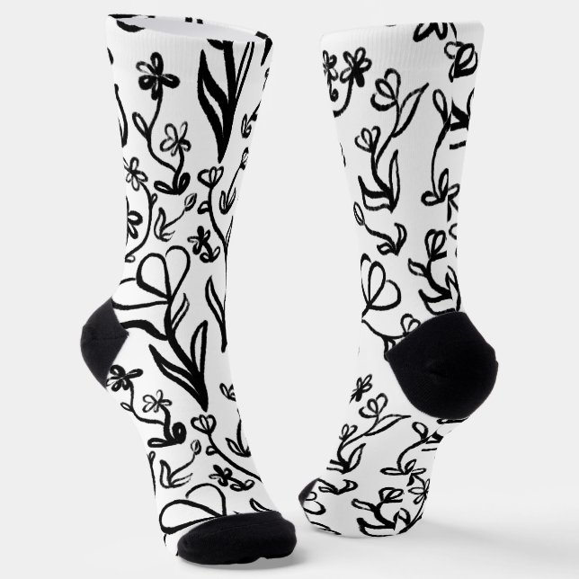 Floral Pattern in Black and White Socks (Angled)