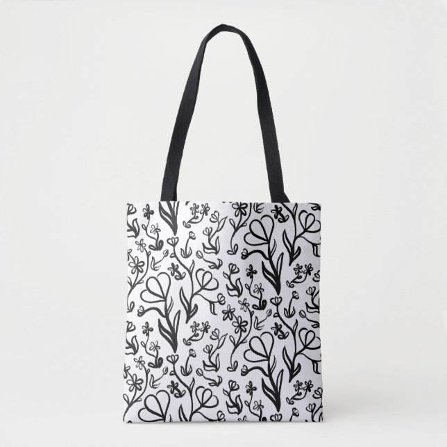 Floral Pattern in Black and White Tote Bag (Front)