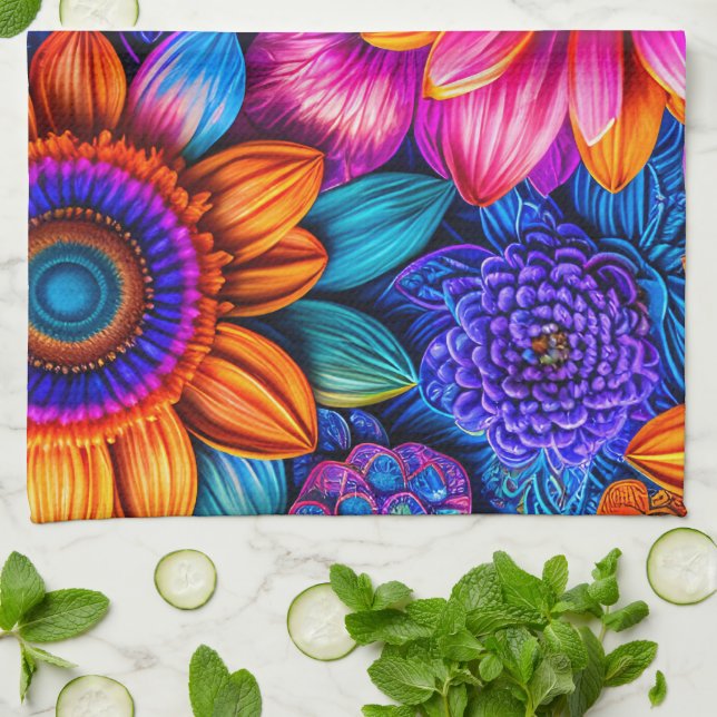 Floral pattern in boho style kitchen towel (Folded)