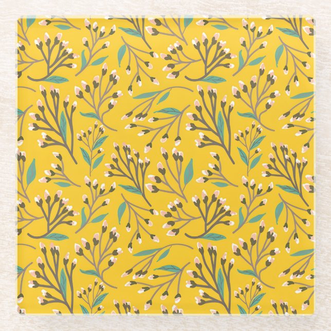 Floral Pattern in  delicate branches and buds Glass Coaster (Front)