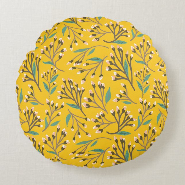 Floral Pattern in  delicate branches and buds Round Pillow (Front)