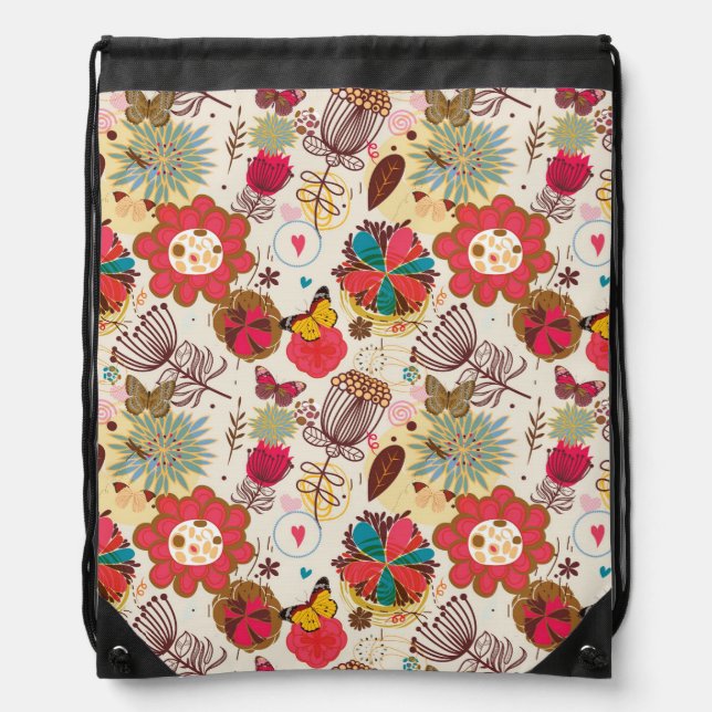 Floral pattern in retro style 4 drawstring bag (Front)