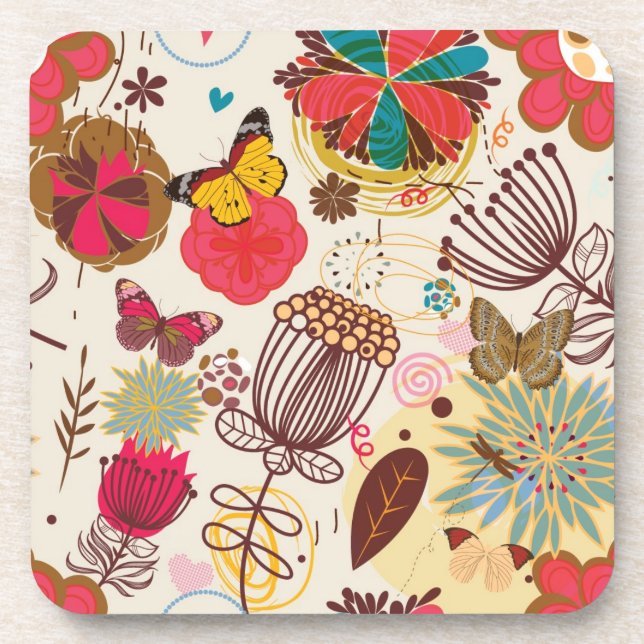 Floral pattern in retro style 4 drink coaster (Front)