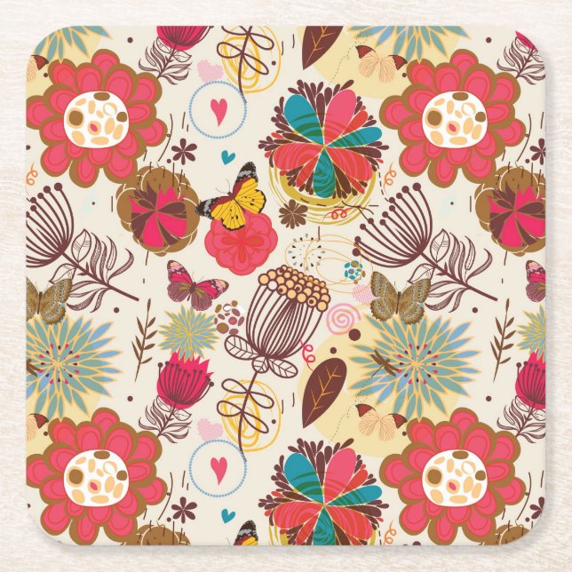 Floral pattern in retro style 4 square paper coaster (Front)