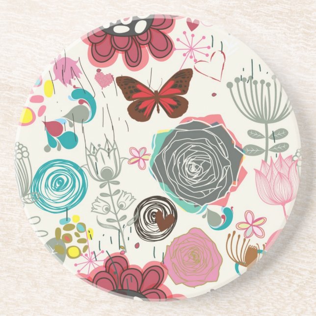 Floral pattern in retro style 5 sandstone coaster (Front)