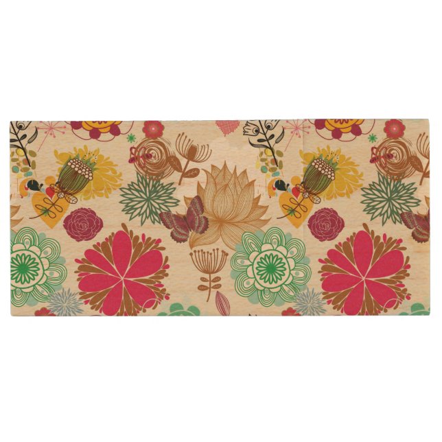 Floral pattern in retro style wood USB flash drive (Front)