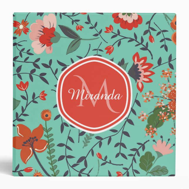 Floral Pattern in Teal and Orange and Red Monogram Binder (Front)
