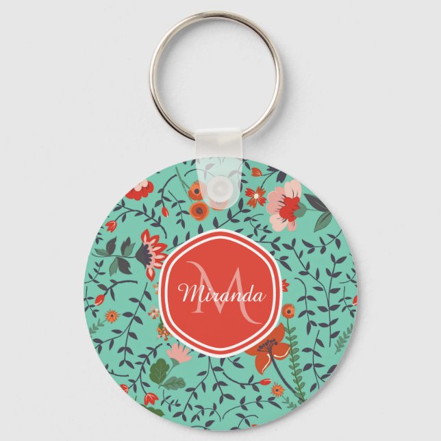 Floral Pattern in Teal and Orange and Red Monogram Keychain (Front)
