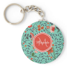 Floral Pattern in Teal and Orange and Red Monogram