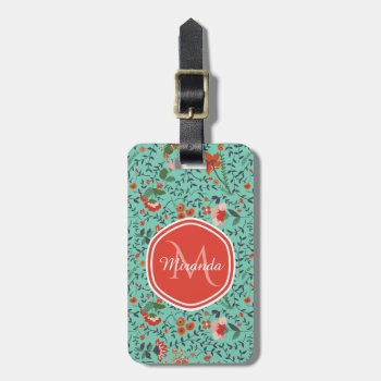 Floral Pattern In Teal And Orange And Red Monogram Luggage Tag by ohsogirly at Zazzle