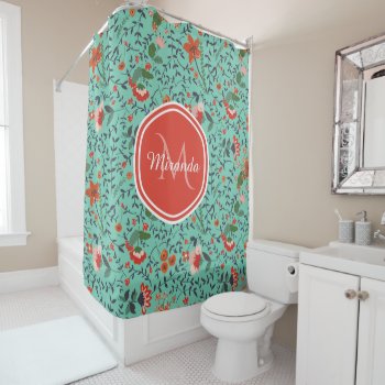 Floral Pattern In Teal And Orange And Red Monogram Shower Curtain by ohsogirly at Zazzle