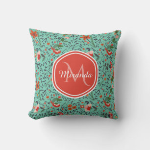 Floral Pattern in Teal and Orange and Red Monogram Throw Pillow