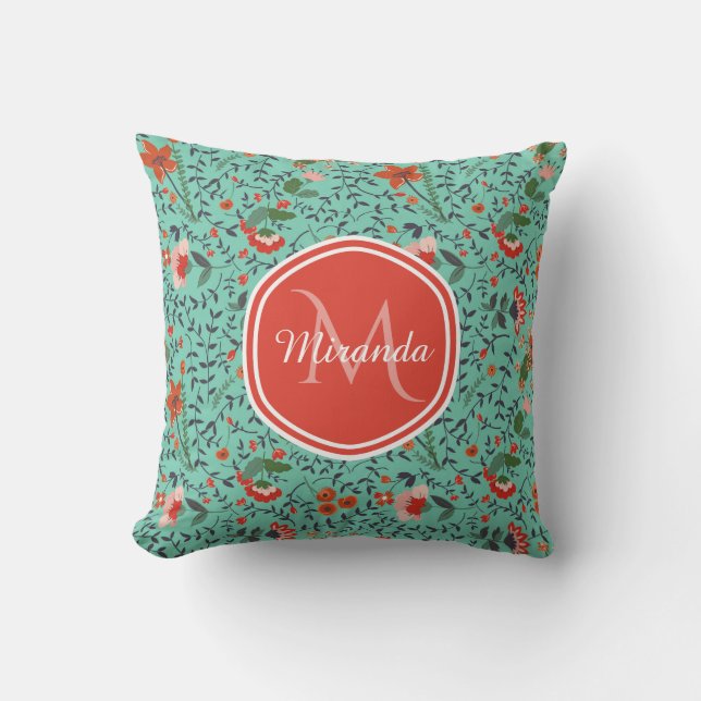 Floral Pattern in Teal and Orange and Red Monogram Throw Pillow (Front)