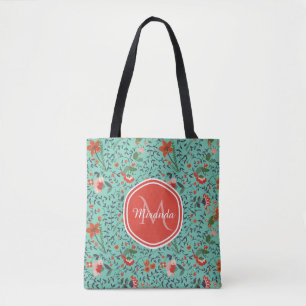 Floral Pattern in Teal and Orange and Red Monogram Tote Bag