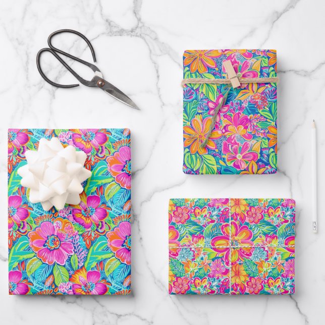 Floral Pattern in Vibrant Pink, Blue, Orange & Gre Wrapping Paper Sheets (Front)