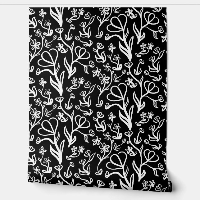 Floral Pattern in White on Black Wallpaper (Unrolling)