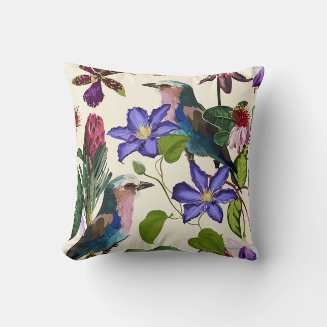 Floral pattern, leaves, bird, exotic flowers. throw pillow (Front)